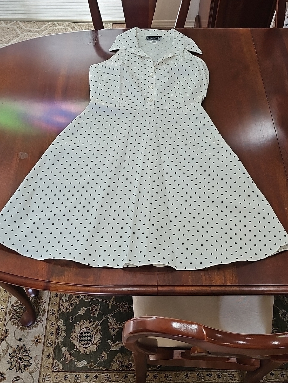 Polka Dot Collared Fit-and-Flare Dress-White with Black Polka Dots